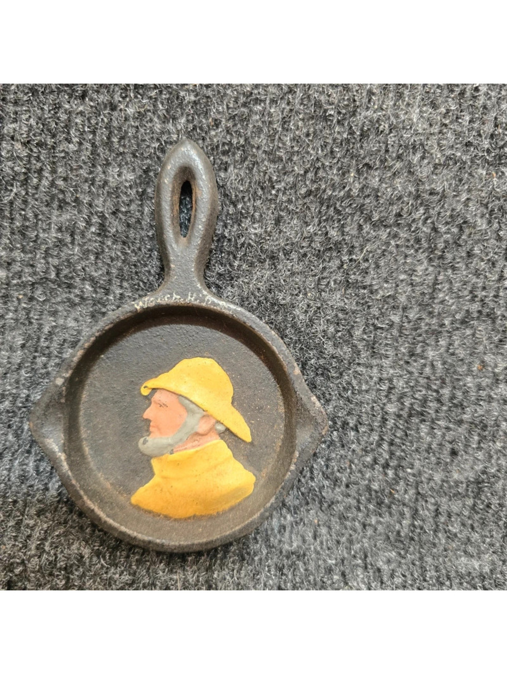 Vintage Mini Cast Iron Skillet Souvenir – Old Salt Fisherman Raised Portrait